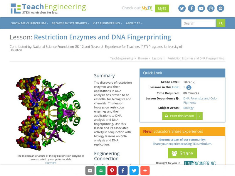 Teach Engineering: Restriction Enzymes and Dna Fingerprinting Lesson Plan Teach Engineering: Restriction Enzymes and Dna Fingerprinting Lesson Plan