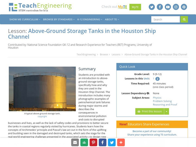Teach Engineering: Above Ground Storage Tanks in the Houston Ship Channel Lesson Plan Teach Engineering: Above Ground Storage Tanks in the Houston Ship Channel Lesson Plan