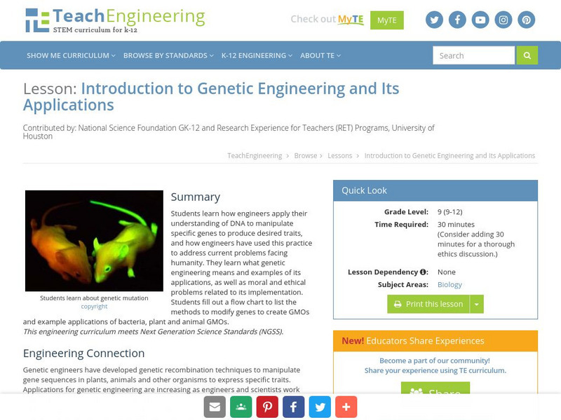 Teach Engineering: Introduction to Genetic Engineering and Its Applications Lesson Plan