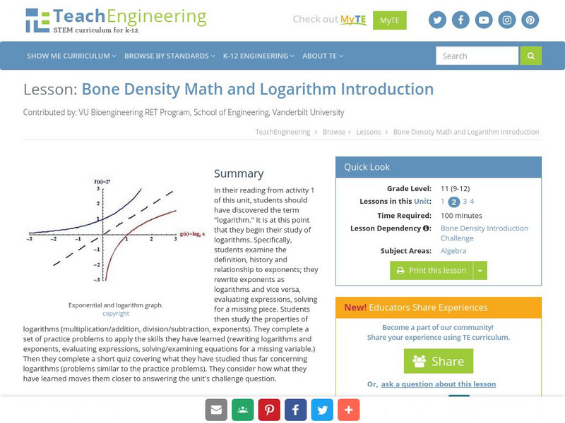 Teach Engineering: Bone Density Math and Logarithm Introduction Lesson Plan Teach Engineering: Bone Density Math and Logarithm Introduction Lesson Plan
