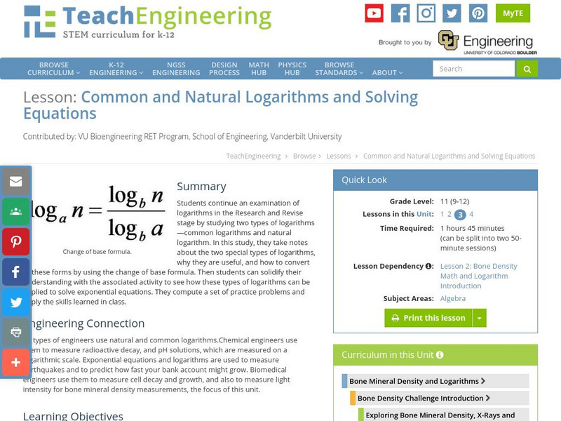 Teach Engineering: Common and Natural Logarithms and Solving Equations Lesson Plan