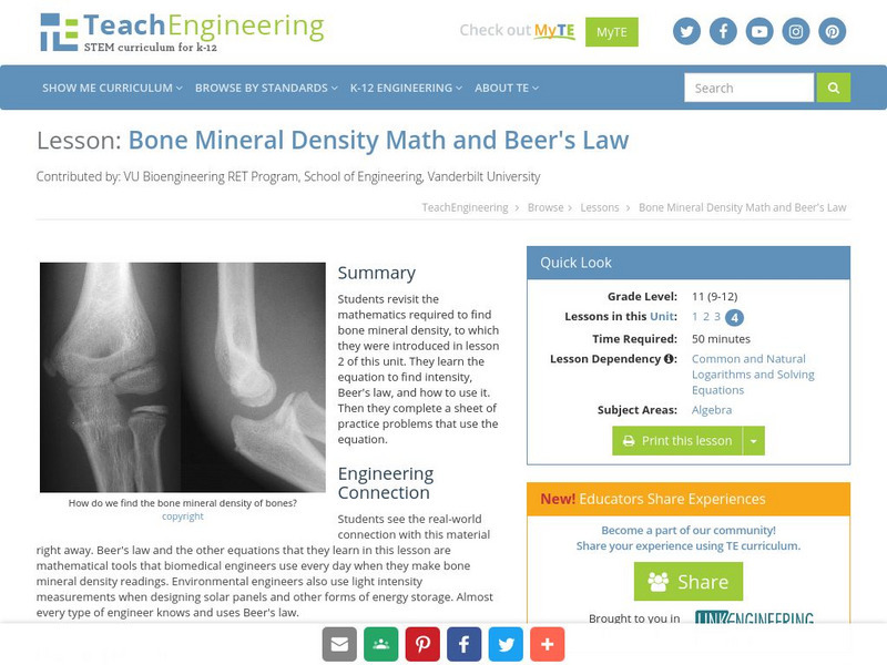Teach Engineering: Bone Mineral Density Math and Beer's Law Lesson Plan Teach Engineering: Bone Mineral Density Math and Beer's Law Lesson Plan