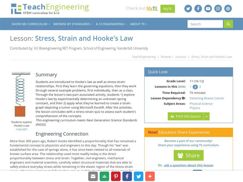 Teach Engineering: Stress, Strain and Hooke's Law Lesson Plan Teach Engineering: Stress, Strain and Hooke's Law Lesson Plan