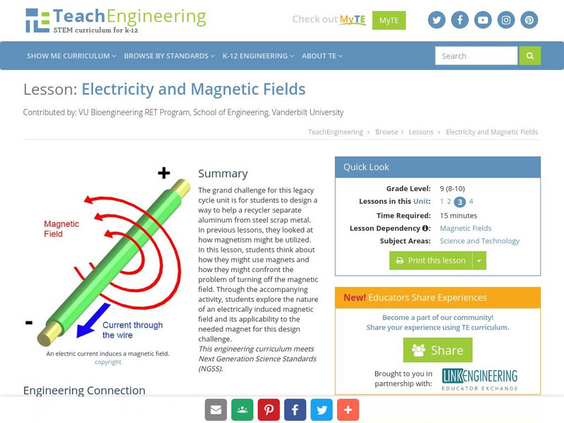 Teach Engineering: Electricity and Magnetic Fields Lesson Plan Teach Engineering: Electricity and Magnetic Fields Lesson Plan