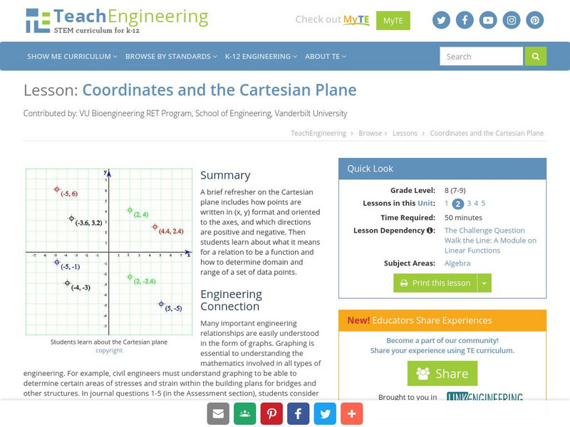 Teach Engineering: Coordinates and the Cartesian Plane Lesson Plan
