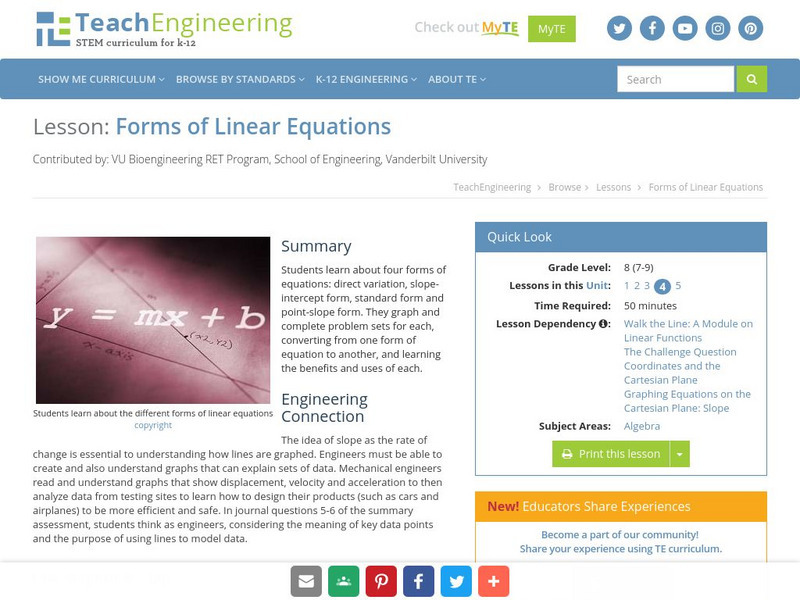 Teach Engineering: Forms of Linear Equations Lesson Plan