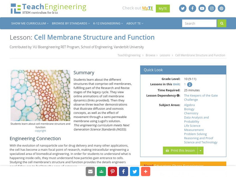 Teach Engineering: Cell Membrane Structure and Function Lesson Plan
