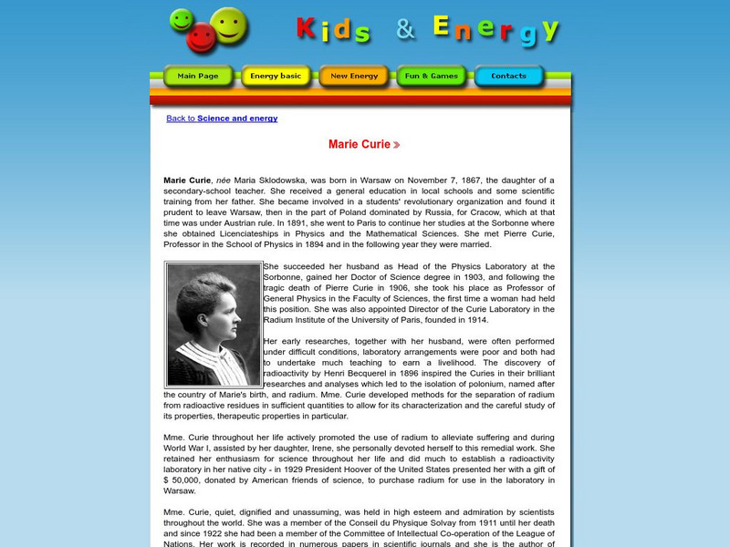 Esd Bulgaria: Kids & Energy: Energy Pioneers: Marie Curie Handout Esd Bulgaria: Kids & Energy: Energy Pioneers: Marie Curie Handout