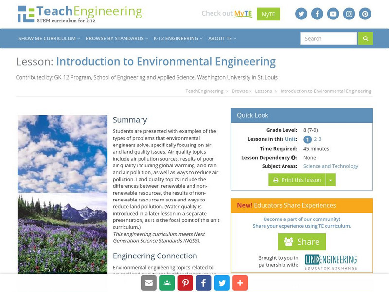 Teach Engineering: Introduction to Environmental Engineering Lesson Plan