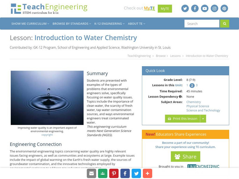 Teach Engineering: Introduction to Water Chemistry Lesson Plan Teach Engineering: Introduction to Water Chemistry Lesson Plan