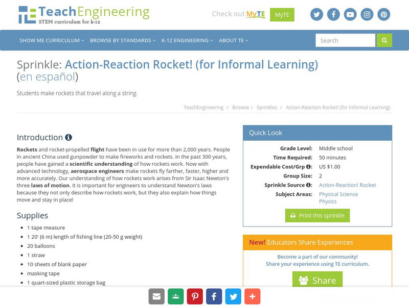 Teach Engineering: Action Reaction Rocket! Lesson Plan Teach Engineering: Action Reaction Rocket! Lesson Plan