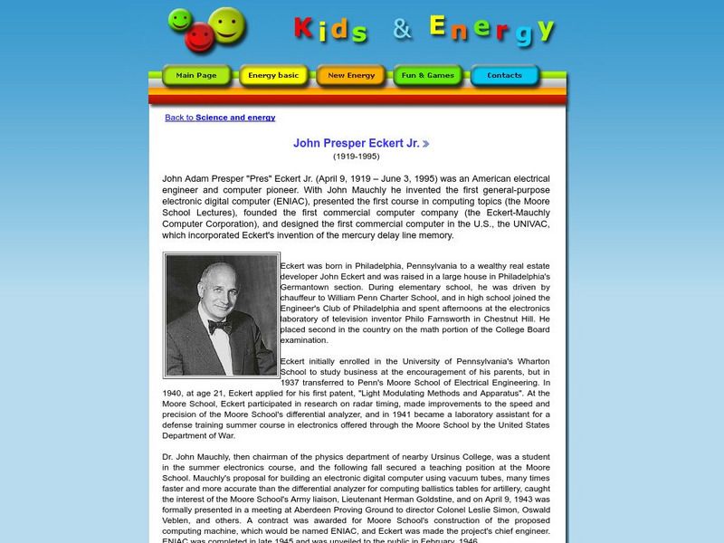 Esd Bulgaria: Kids & Energy: Energy Pioneers: John Presper Eckert Jr. Handout Esd Bulgaria: Kids & Energy: Energy Pioneers: John Presper Eckert Jr. Handout