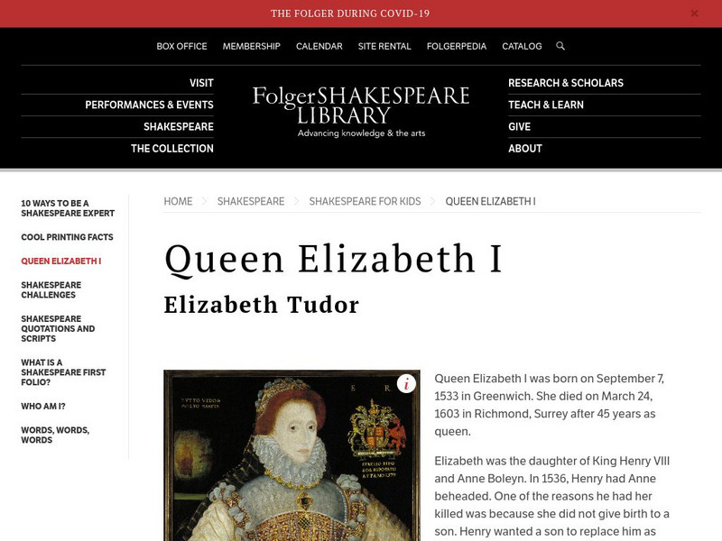 Folger Shakespeare Library: Queen Elizabeth I: Elizabeth Tudor Lesson Plan Folger Shakespeare Library: Queen Elizabeth I: Elizabeth Tudor Lesson Plan
