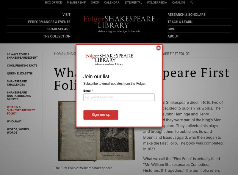 Folger Shakespeare Library: What Is a Shakespeare First Folio? Handout