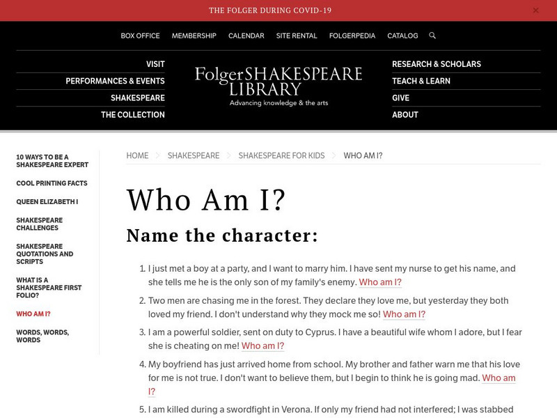 Folger Shakespeare Library: Who Am I? Interactive