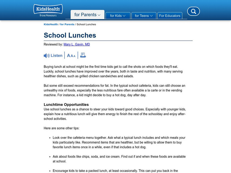 Kids Health: School Lunches Article Kids Health: School Lunches Article