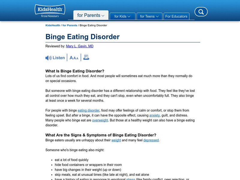 Kids Health: Binge Eating Disorder Article