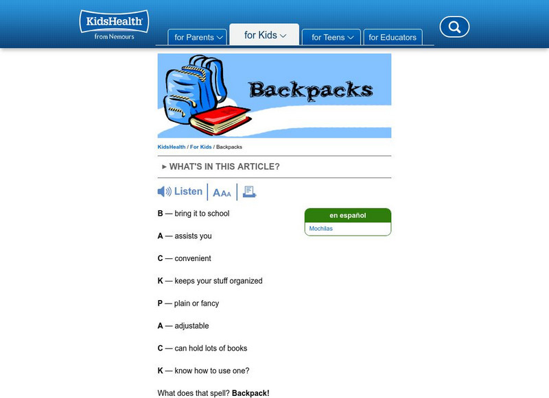 Kids Health: Backpacks Article Kids Health: Backpacks Article