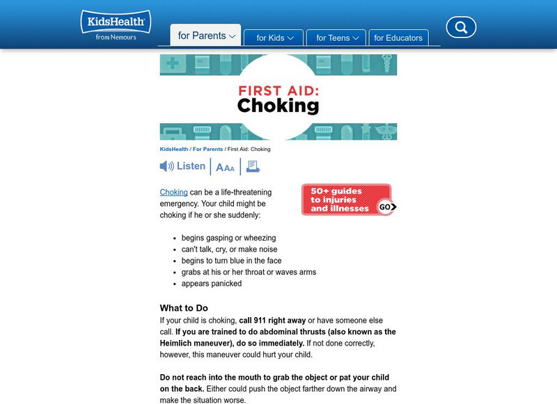 Kids Health: First Aid: Choking Instruction Sheet Article Kids Health: First Aid: Choking Instruction Sheet Article