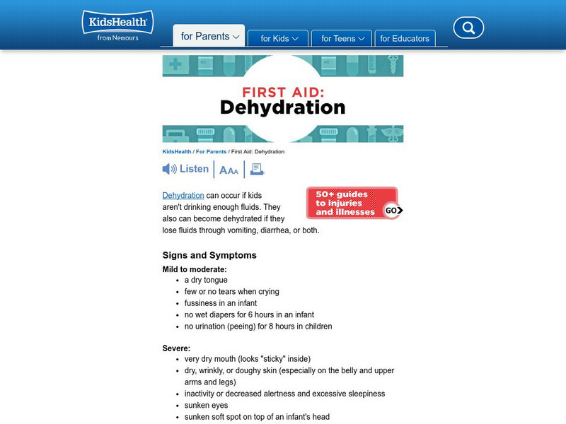 Kids Health: First Aid? Dehydration Instruction Sheet Article Kids Health: First Aid? Dehydration Instruction Sheet Article
