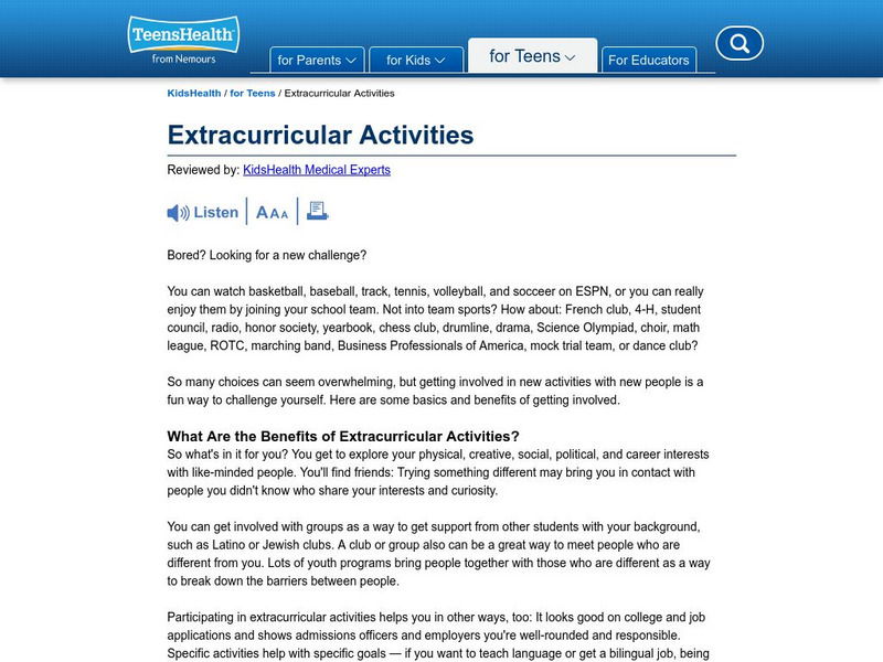 Kids Health: Extracurricular Activities Article Kids Health: Extracurricular Activities Article