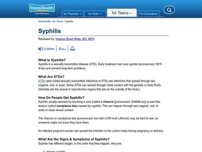 Kids Health: Syphilis Article Kids Health: Syphilis Article