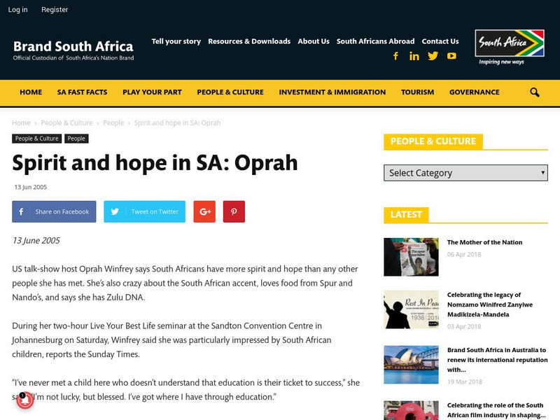 Spirit and Hope in South Africa: Oprah Article