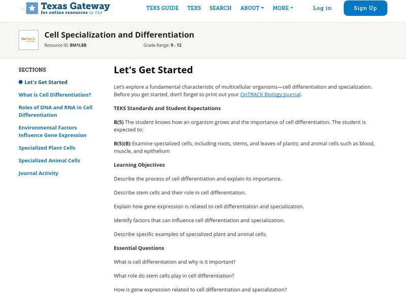 Texas Gateway: Cell Specialization and Differentiation Unit Plan Texas Gateway: Cell Specialization and Differentiation Unit Plan
