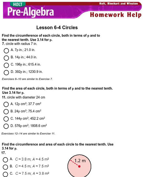 Holt, Rinehart and Winston: Homework Help Independent Practice: Circles Unknown Type Holt, Rinehart and Winston: Homework Help Independent Practice: Circles Unknown Type