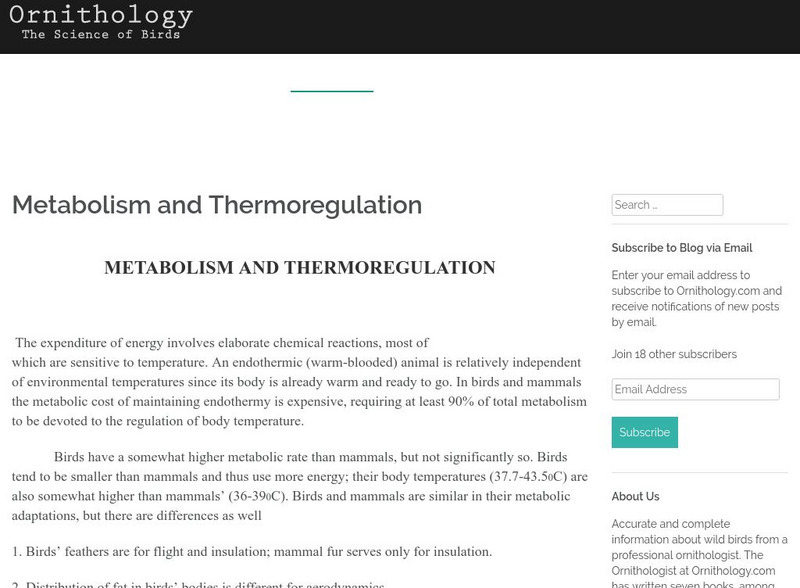 Ornithology: Metabolism and Thermoregulation Handout Ornithology: Metabolism and Thermoregulation Handout