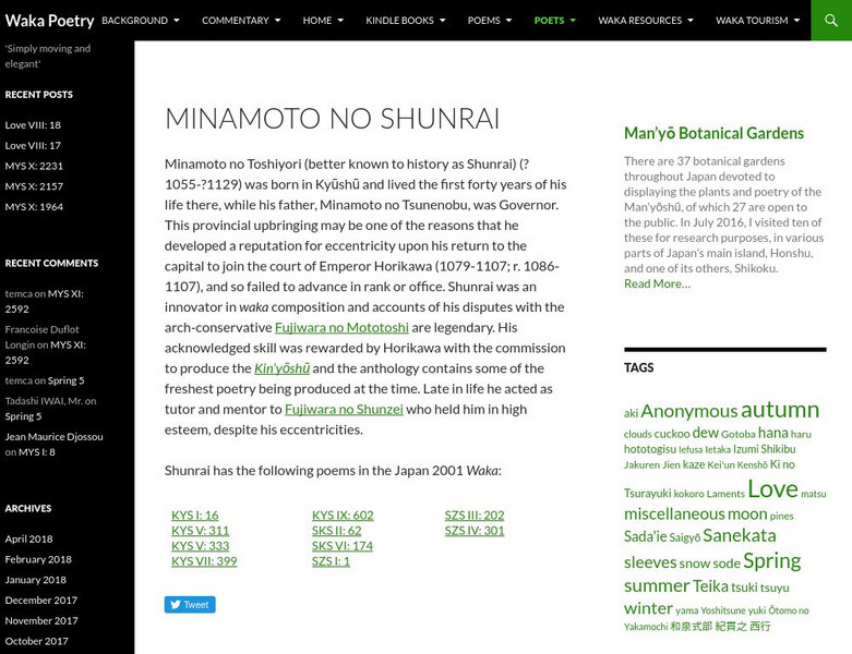 2001 Waka for Japan 2001: Minamoto No Shunrai Website 2001 Waka for Japan 2001: Minamoto No Shunrai Website