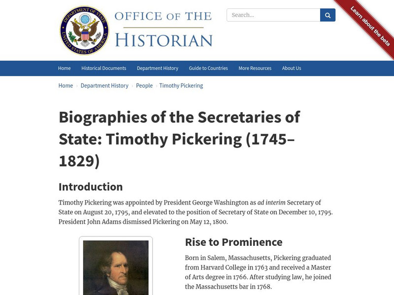 Biographies of the Secretaries of State: Timothy Pickering (1745 1829) Handout Biographies of the Secretaries of State: Timothy Pickering (1745 1829) Handout