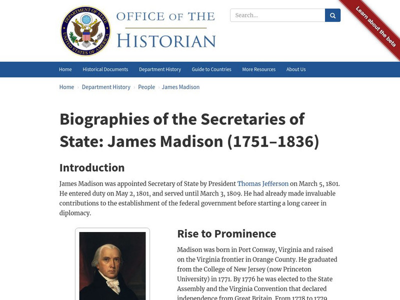 Biographies of the Secretaries of State: James Madison (1751 1836) Handout
