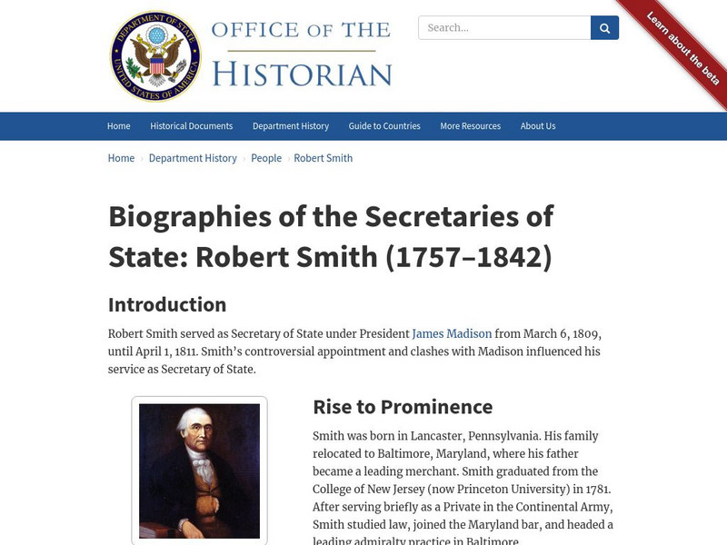 Biographies of the Secretaries of State: Robert Smith (1757 1842) Handout