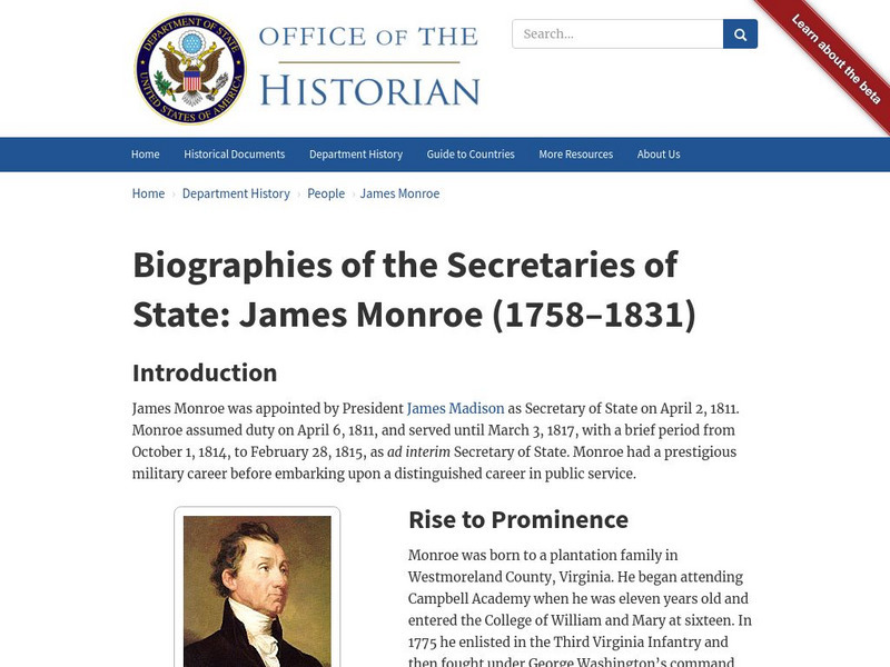 Biographies of the Secretaries of State: James Monroe (1758 1831) Handout Biographies of the Secretaries of State: James Monroe (1758 1831) Handout