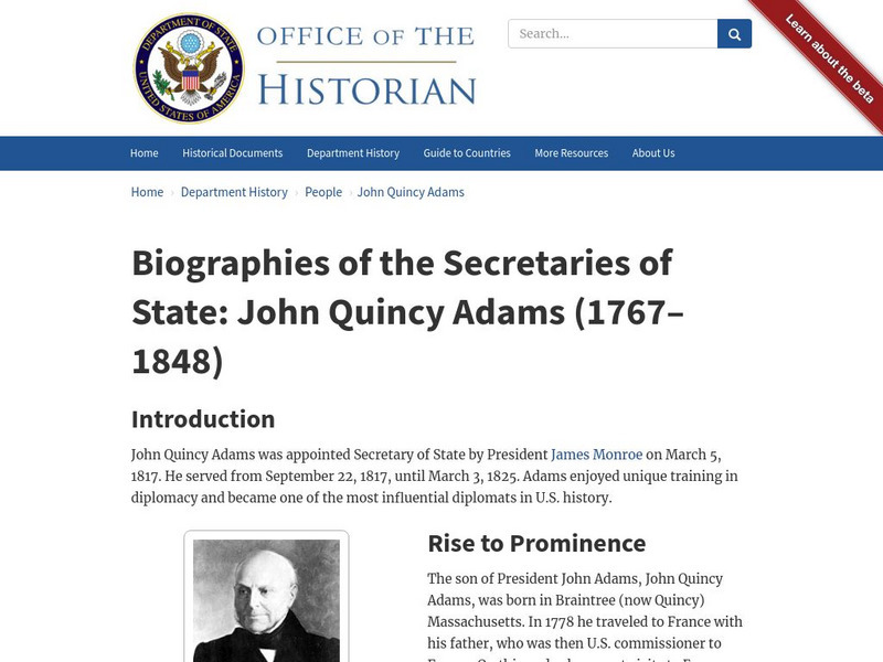 Biographies of the Secretaries of State: John Quincy Adams (1767 1848) Handout