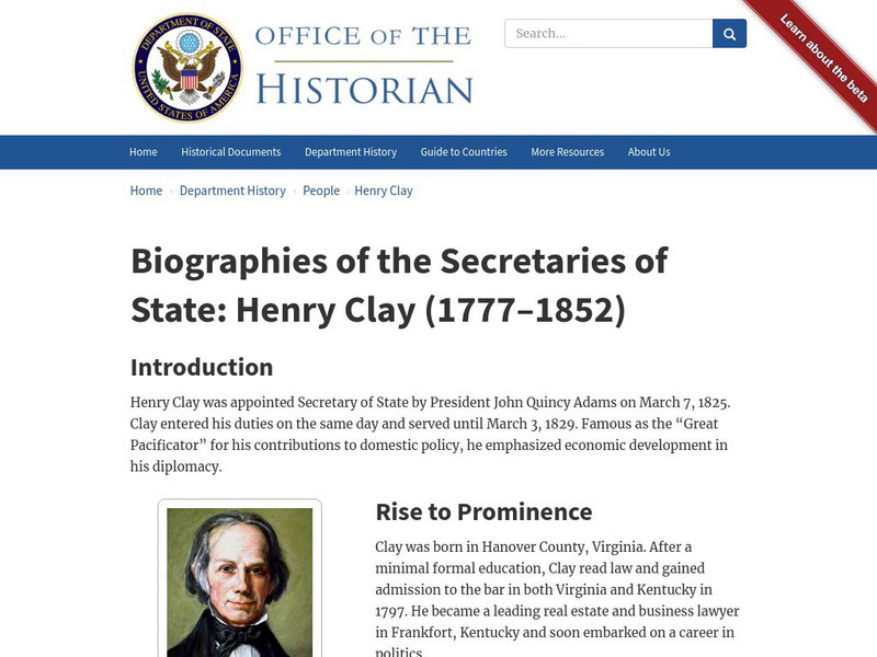 Biographies of the Secretaries of State: Henry Clay (1777 1852) Handout Biographies of the Secretaries of State: Henry Clay (1777 1852) Handout