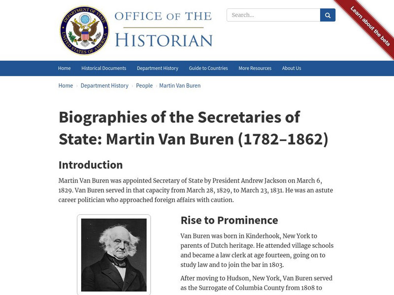Biographies of the Secretaries of State: Martin Van Buren (1782 1862) Handout