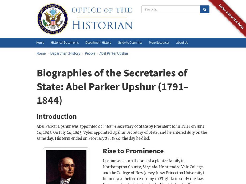 Biographies of the Secretaries of State: Abel Parker Upshur (1791 1844) Handout Biographies of the Secretaries of State: Abel Parker Upshur (1791 1844) Handout