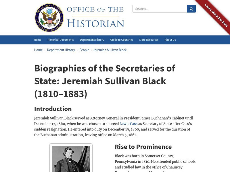 Biographies of the Secretaries of State: Jeremiah Sullivan Black (1810 1883) Handout