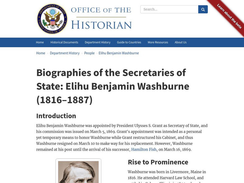 Biographies of the Secretaries of State: Elihu Benjamin Washburne (1816 1887) Handout