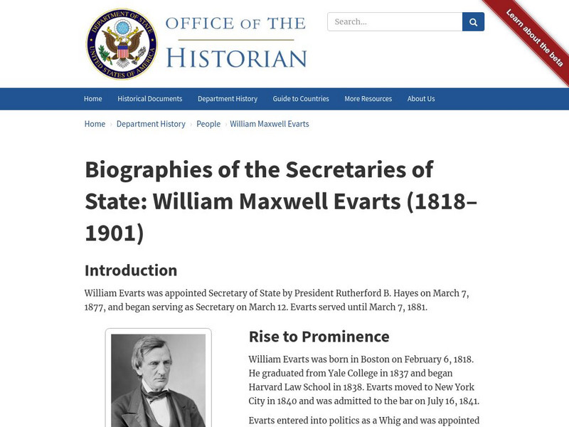 Biographies of the Secretaries of State: William Maxwell Evarts (1818 1901) Handout
