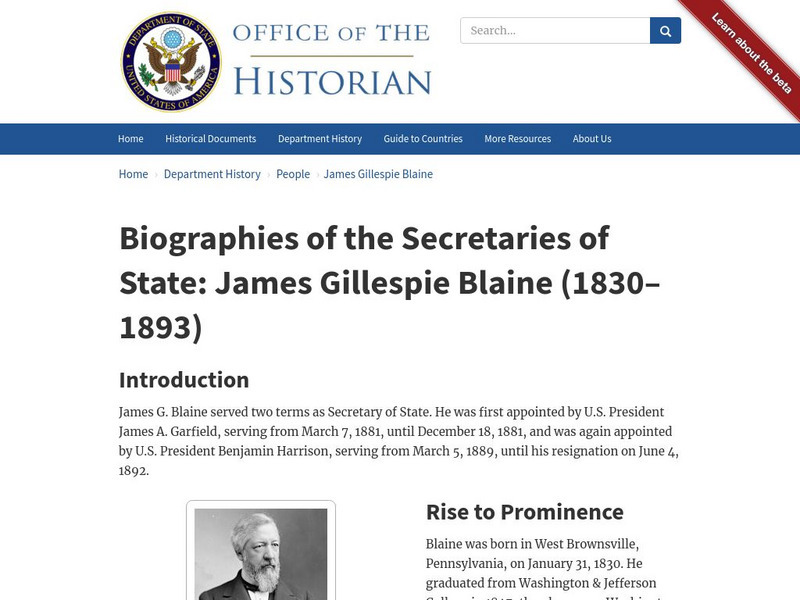 Biographies of the Secretaries of State: James Gillespie Blaine (1830 1893) Handout