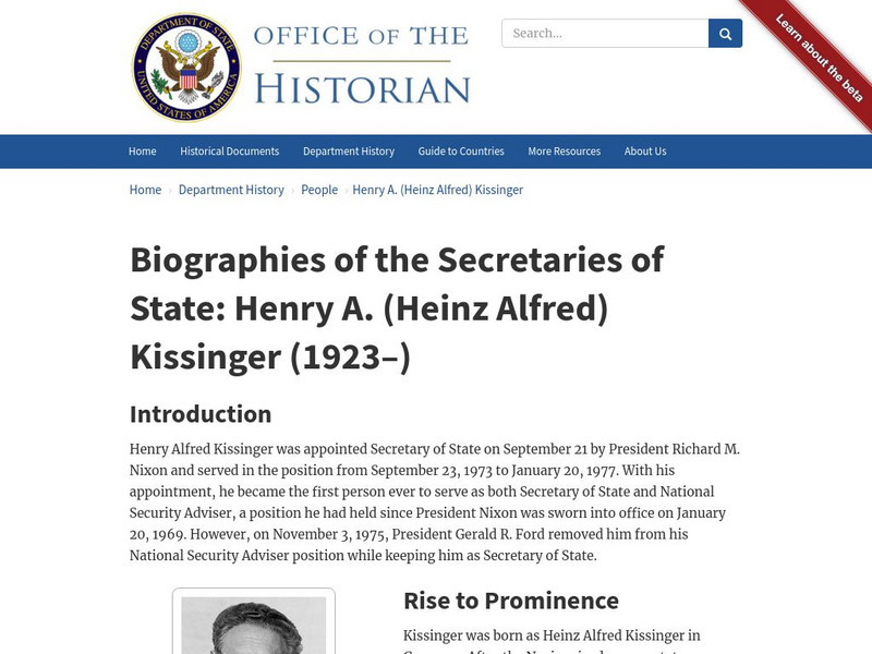 Biographies of the Secretaries of State: Henry A. (Heinz Alfred) Kissinger Handout Biographies of the Secretaries of State: Henry A. (Heinz Alfred) Kissinger Handout
