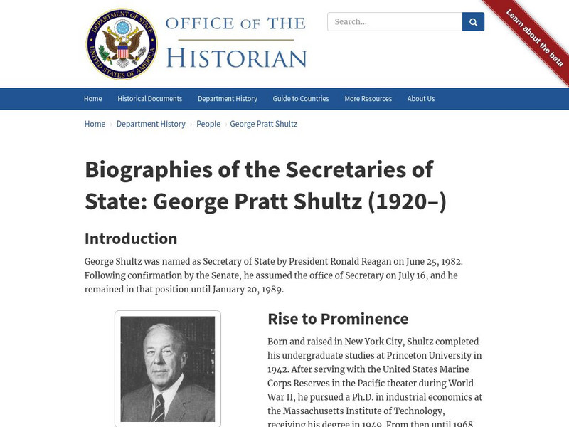 Biographies of the Secretaries of State: George Pratt Shultz (1920 ) Handout