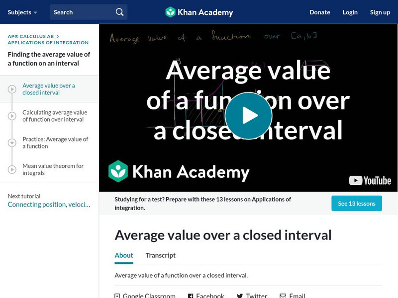 Khan Academy: Average Value of a Function Over a Closed Interval Unit Plan