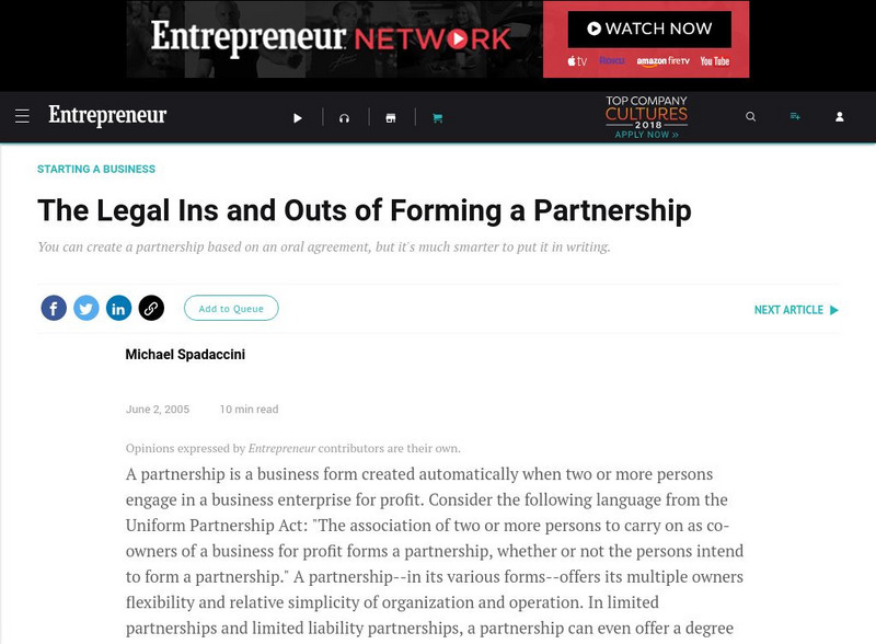 Entrepreneur Magazine: The Legal Ins and Outs of Forming a Partnership Website Entrepreneur Magazine: The Legal Ins and Outs of Forming a Partnership Website