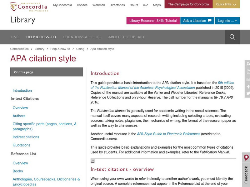 Concordia University: Documentation Guide: Apa Handout Concordia University: Documentation Guide: Apa Handout