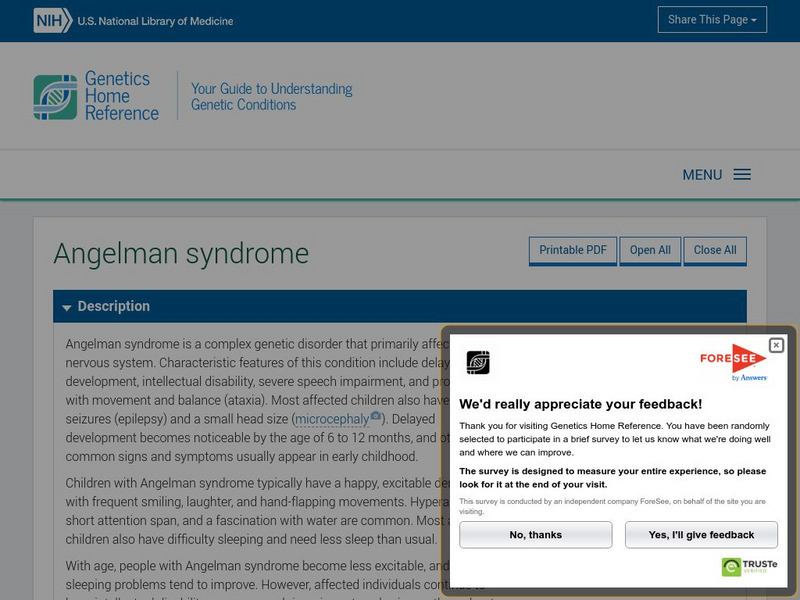U.s. National Library of Medicine: Genetic Conditions: Angelman Syndrome Website