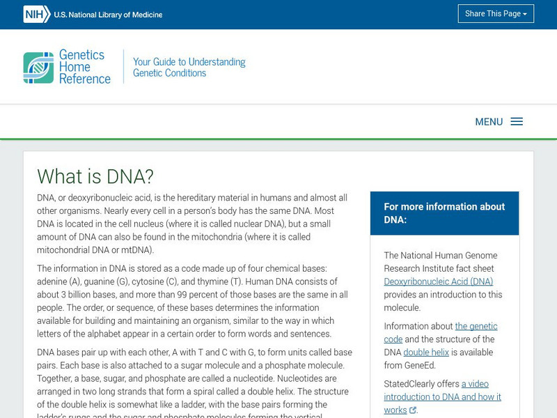 U.s. National Library of Medicine: What Is Dna? Handout U.s. National Library of Medicine: What Is Dna? Handout